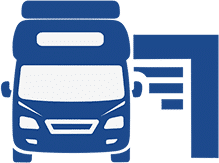 An icon of a partially open garage with an RV in front of it in blue