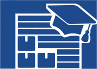 An icon of a storage unit with boxes and a graduation cap on the corner