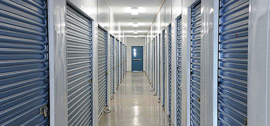 Indoor hallway for climate-controlled storage units